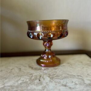 Vintage Iridescent Carnival Glass Kings Crown Thumbprint Compote Pedestal Gold